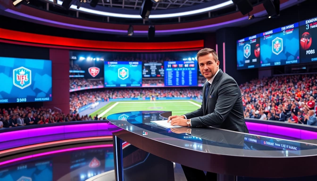 Sports Broadcasting studio showcasing a dynamic sports anchor amid live game visuals.