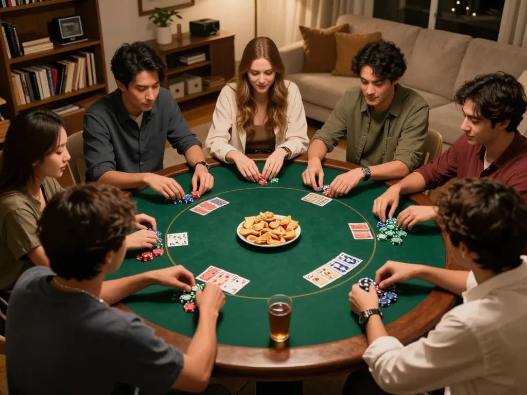 Engaged friends playing poker at home, showcasing the GO88 gaming experience in a lively atmosphere filled with strategy and fun