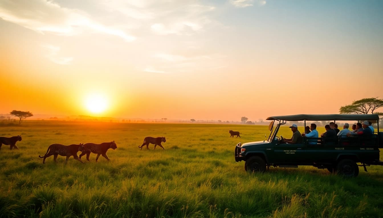 Experience the thrill of wildlife safari tours in India as tourists spot Bengal tigers in a stunning sunset.