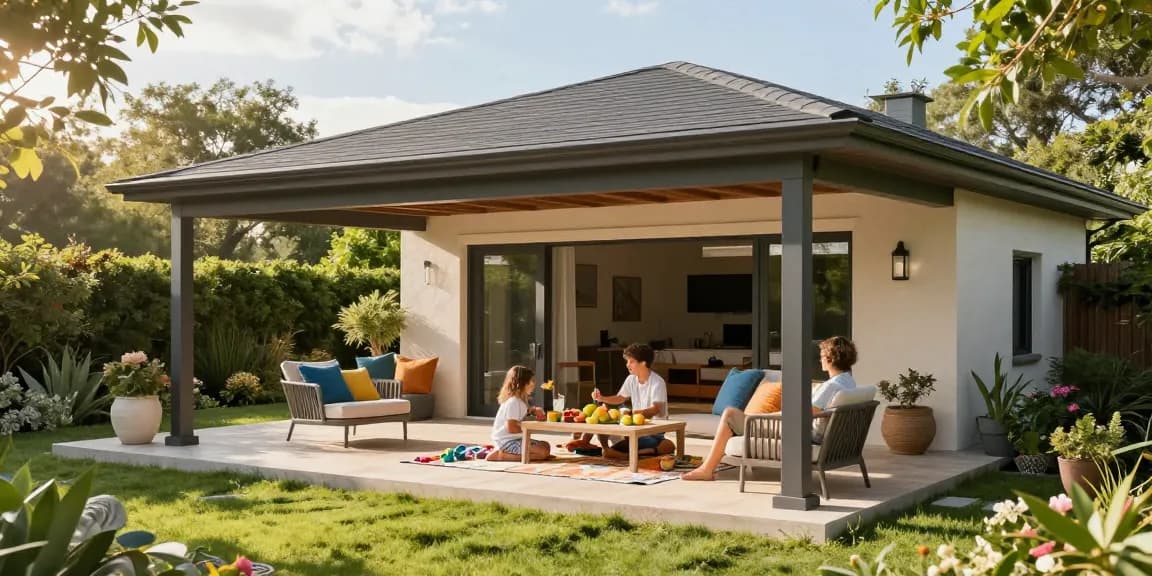 Freistehende Terrassenüberdachung mit einladendem Sitzbereich und grüner Umgebung für gemütliche Nachmittage.