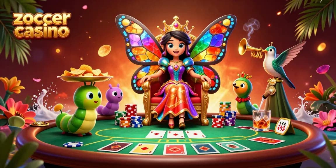 Zoccer casino showcases a colorful 3D digital illustration of a butterfly queen with casino elements.