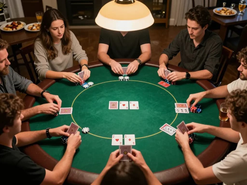 Players enjoying a friendly poker night at home with Hit club theme, dynamic chips and cards in action.