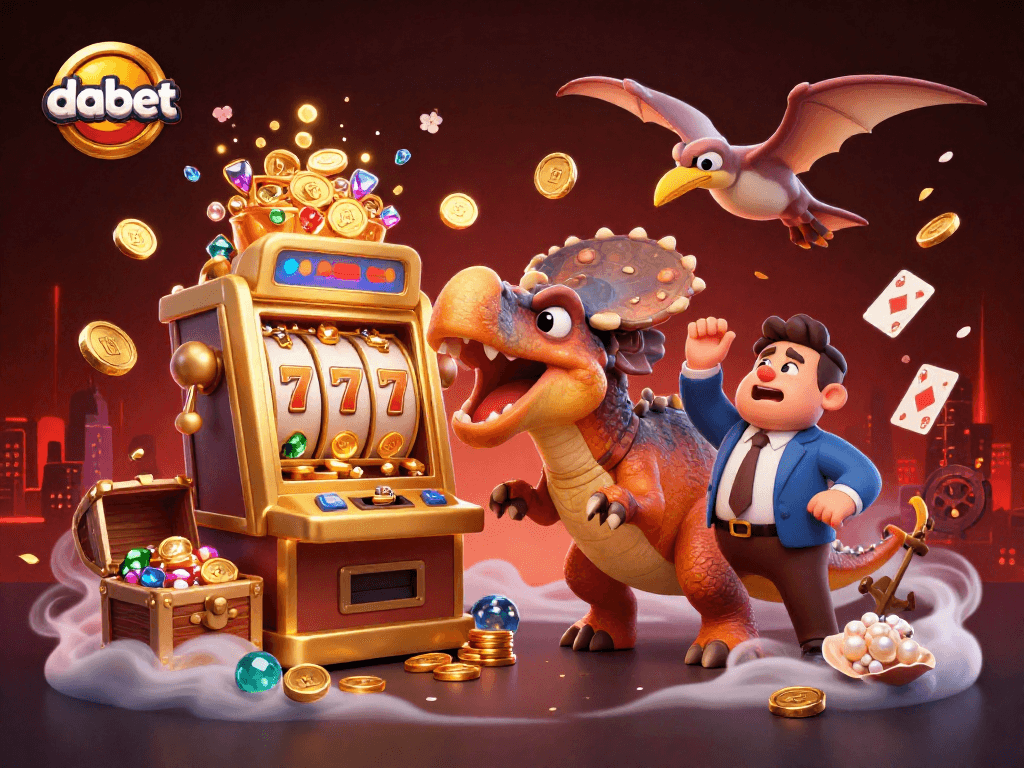 dabet jackpot celebration scene with dinosaurs and slot machines, showcasing excitement in gaming.
