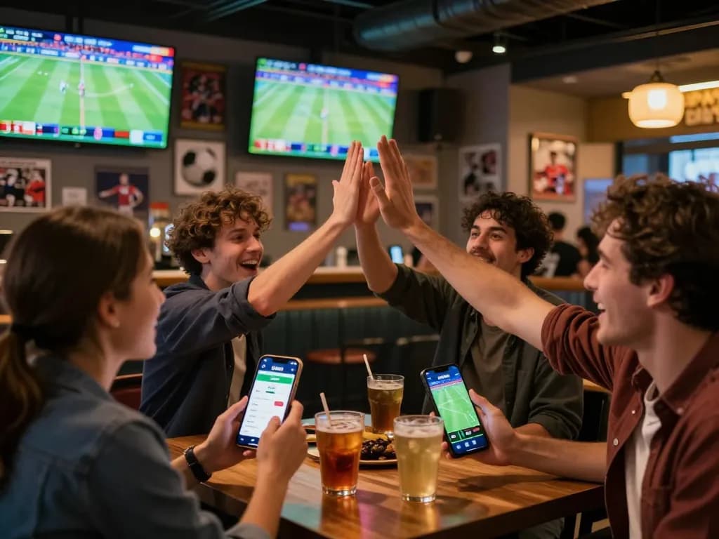Friends using the 56WIN app for live betting during a sports game in a vibrant bar atmosphere