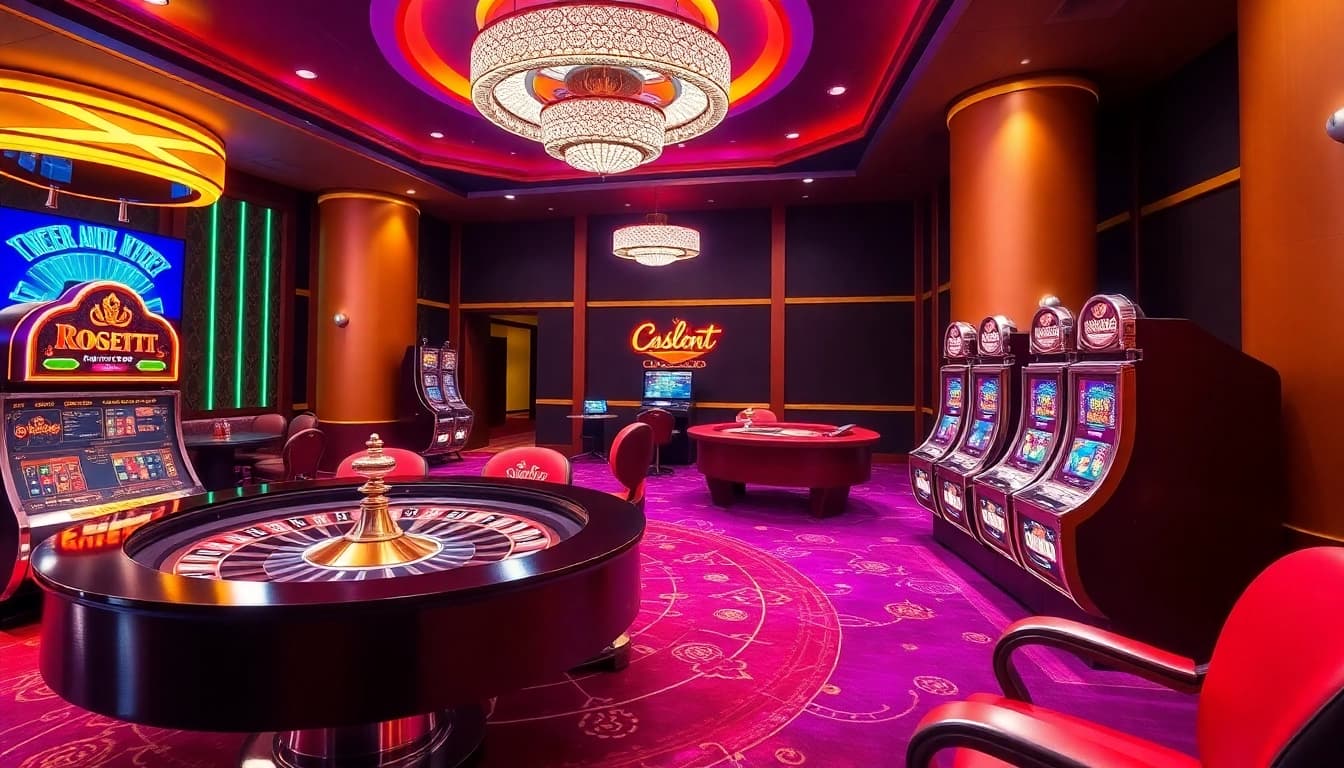 Experience thrilling gaming at an online casino schweiz with vibrant roulette and poker tables.