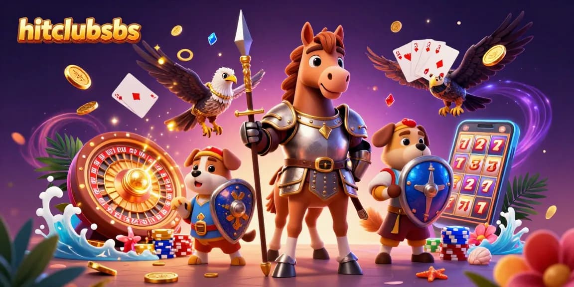 Hitclubsbs showcases an epic gaming scene with knights, coins, and vibrant casino elements.