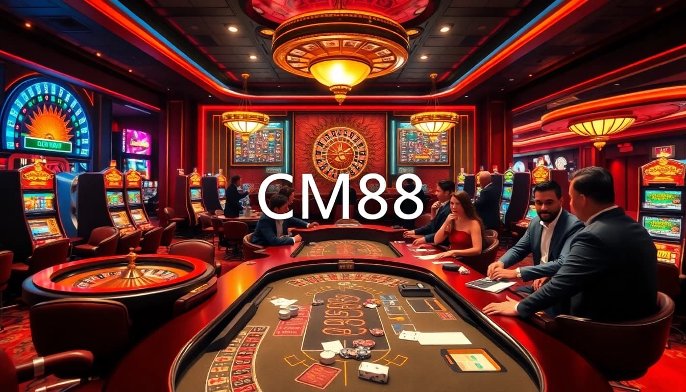 Experience the thrill of CM88 at a luxury casino with roulette, slots, and enthusiastic players.