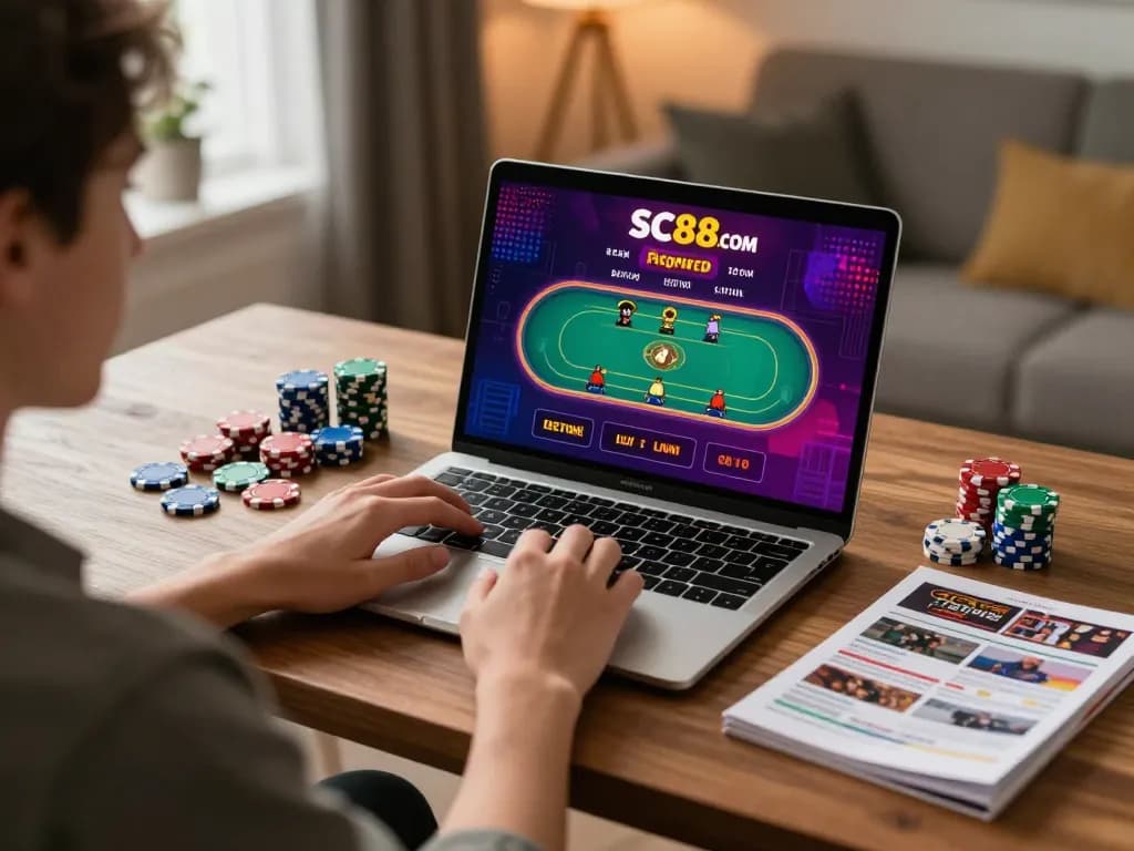 Engaging gameplay on SC88.COM with a laptop displaying live dealer action, promoting responsible gaming.