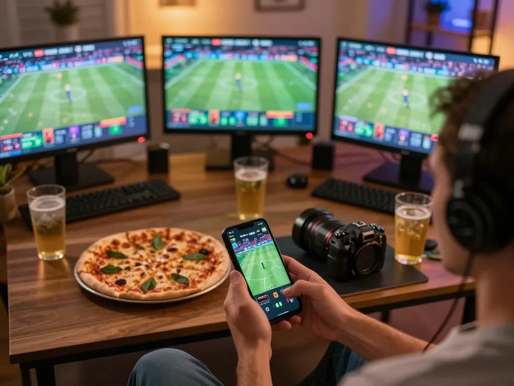 man88 player engaging in sports betting on a smartphone in relaxed home setting