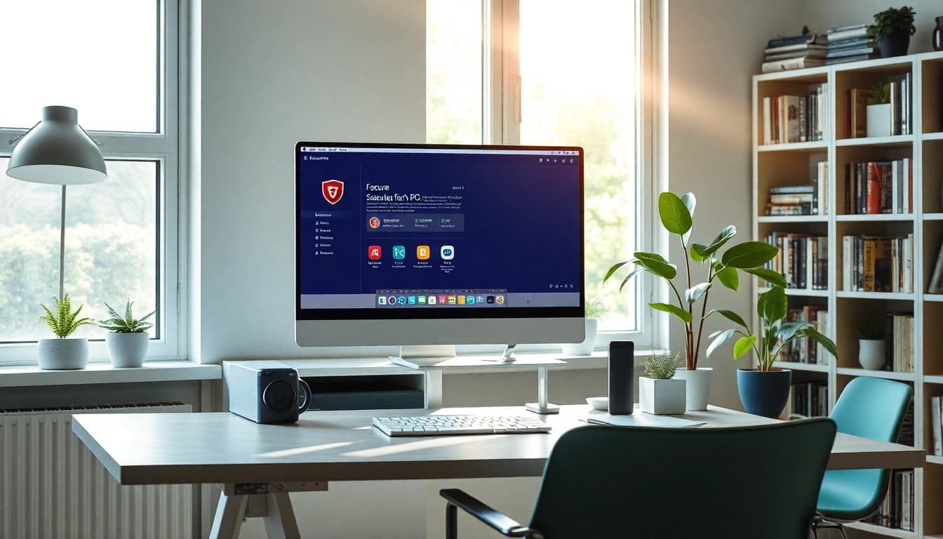 Visualisieren Sie die Benutzeroberfläche von F-Secure Schutz für PC und Mac in einem modernen Home-Office für sicheren digitalen Schutz.