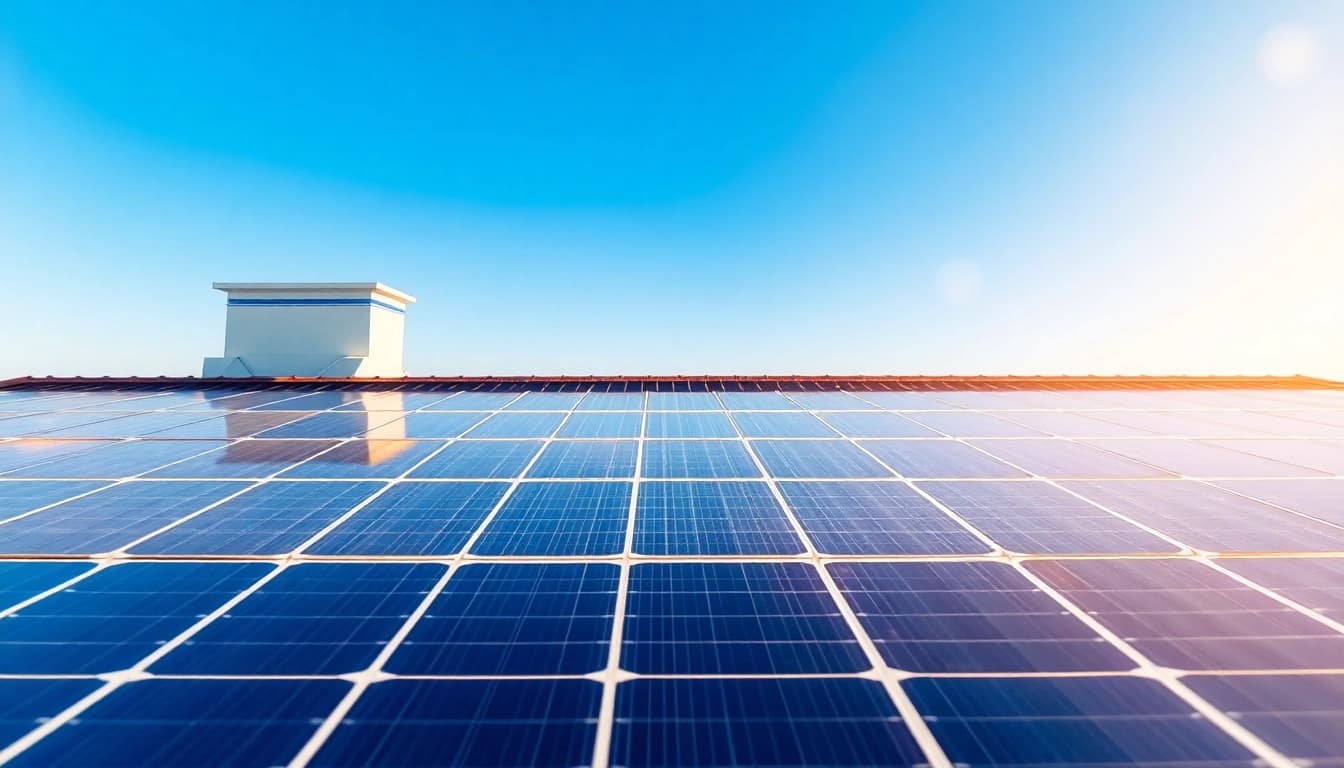 Entdecken Sie verschiedene PV Module kaufen auf einem sonnenbeschienenen Dach mit glänzenden Solarpanelen.