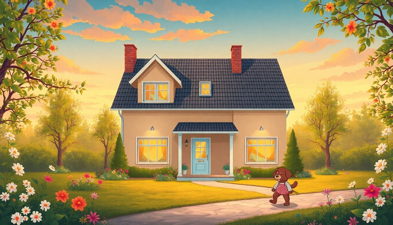 Entdecken Sie Ihr Traumhaus für den Hauskauf in einer idyllischen Umgebung mit einem einladenden Garten und warmem Licht.
