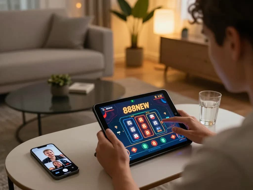 Engaging with the 888NEW online casino on a tablet in a cozy living room setting, showcasing strategic gameplay.