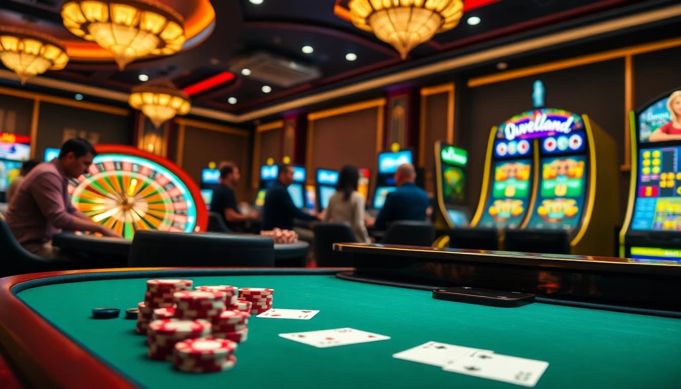 Engaging casino scene at https://gk88.city/ with vibrant gaming tables, roulette wheel, and focused players.
