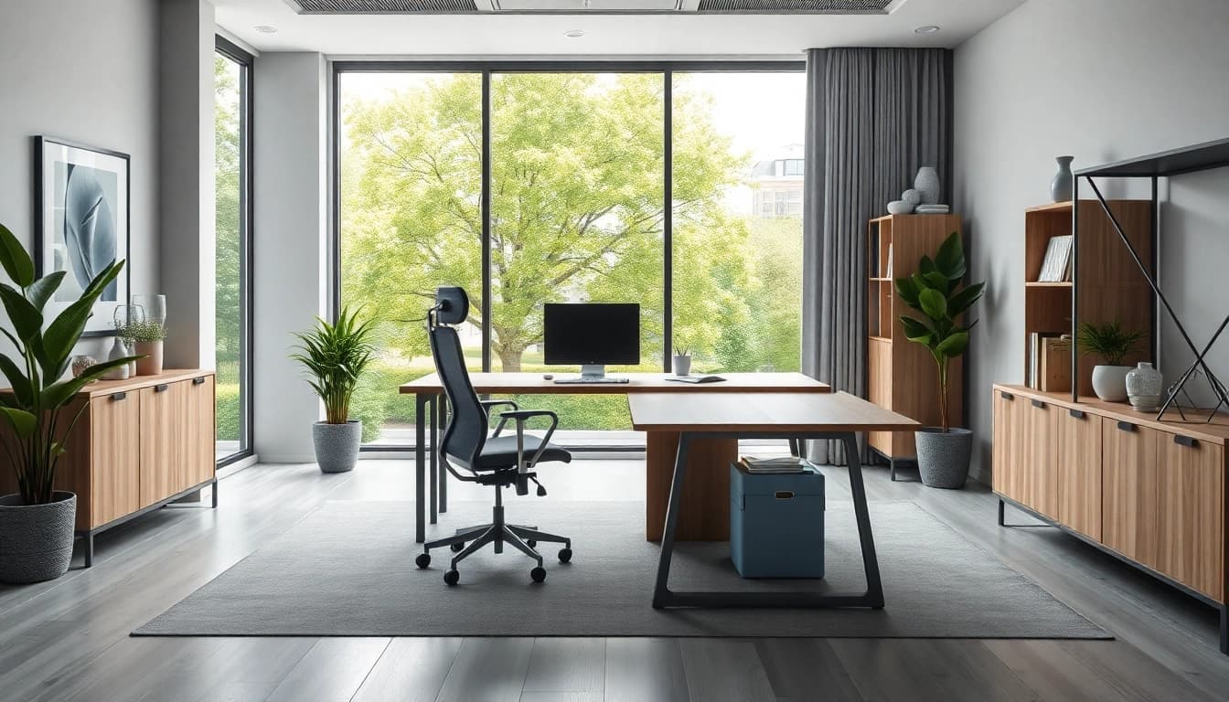 Büromöbel in einem modernen Büro mit einem ergonomischen Stuhl und Schreibtisch, der eine inspirierende Arbeitsumgebung schafft.