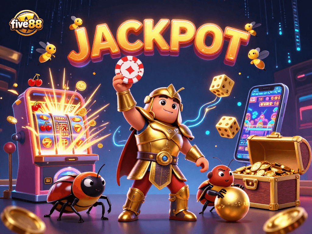Win big with five88 in a vibrant 3D casino scene featuring a heroic beetle and a jackpot celebration.