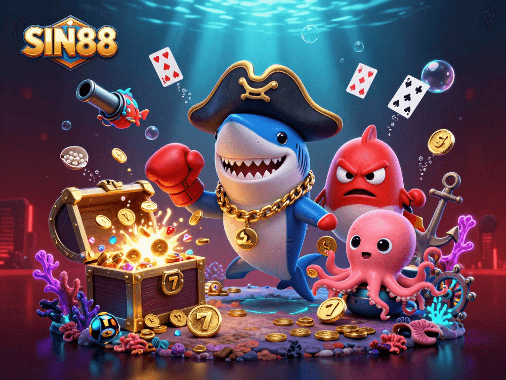 Experience thrilling gameplay at SIN88 with pirate treasure and card games in this vibrant 3D illustration.