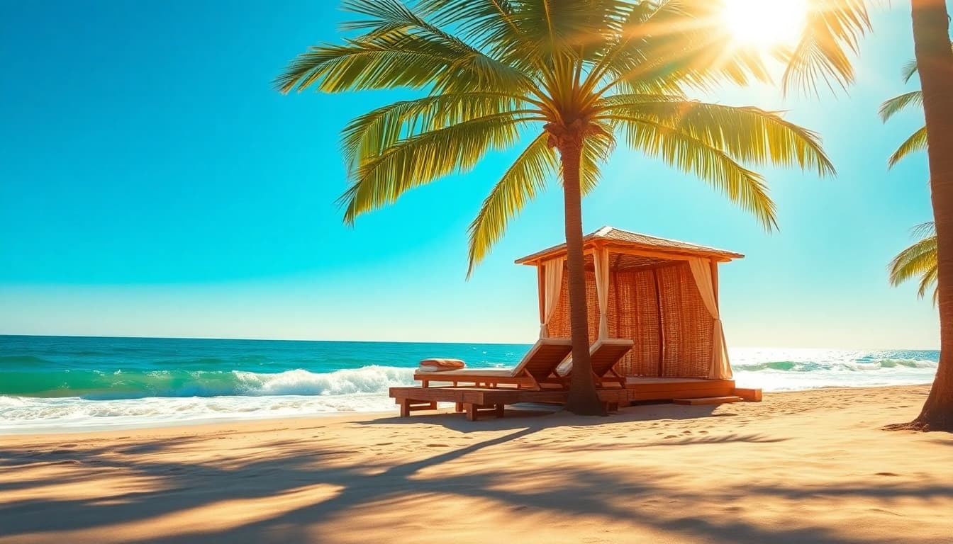 Genieße den Blick auf die Coastal Cabana am Strand mit Sonnenliegen und Palmen im Vordergrund.