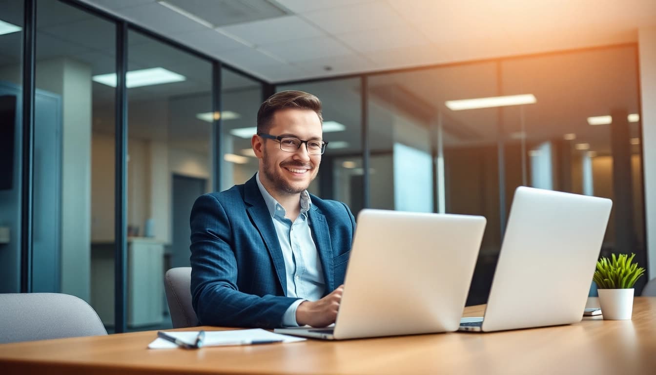 Headhunter IT arbeitet konzentriert im modernen Büro, um talentierte Fachkräfte zu rekrutieren.