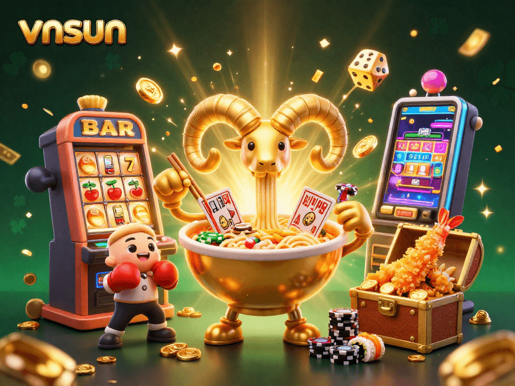 Experience vibrant gaming action at vnsun with a dynamic scene of playful characters and casino elements.