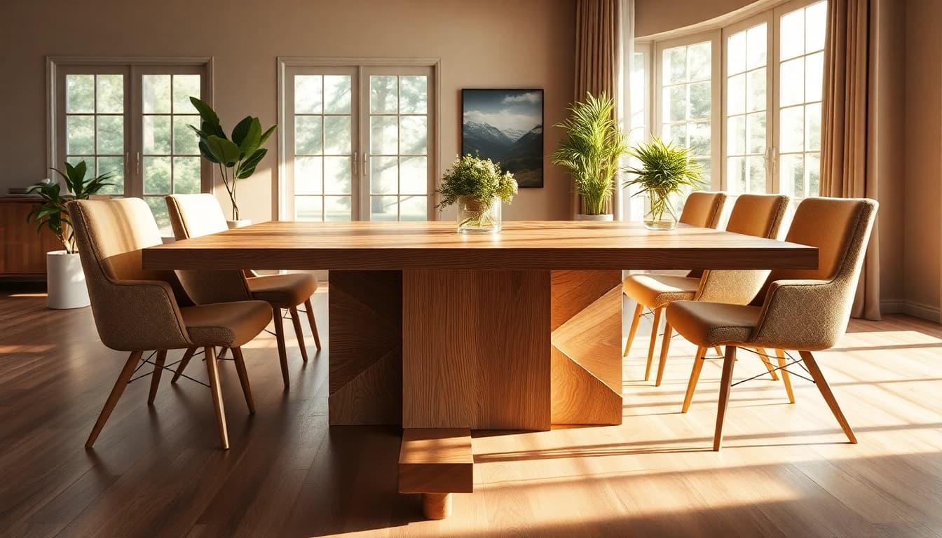 Genießen Sie das zeitlose Design eines massiven Eiche Esstisch mit einzigartiger Baumkante, umgeben von stilvollen Stühlen im modernen Esszimmer.