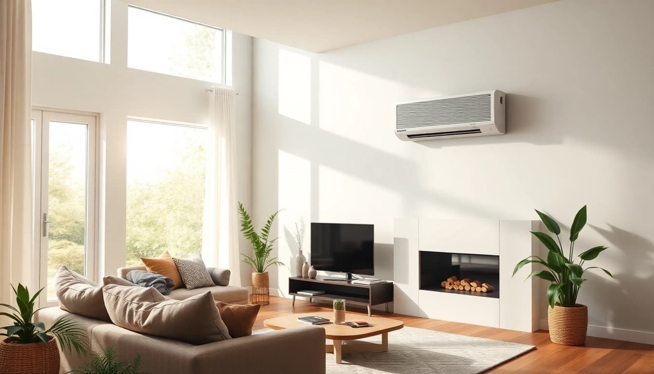 Efficient Klimaanlage unit providing cooling in a bright, elegant living room filled with natural light.