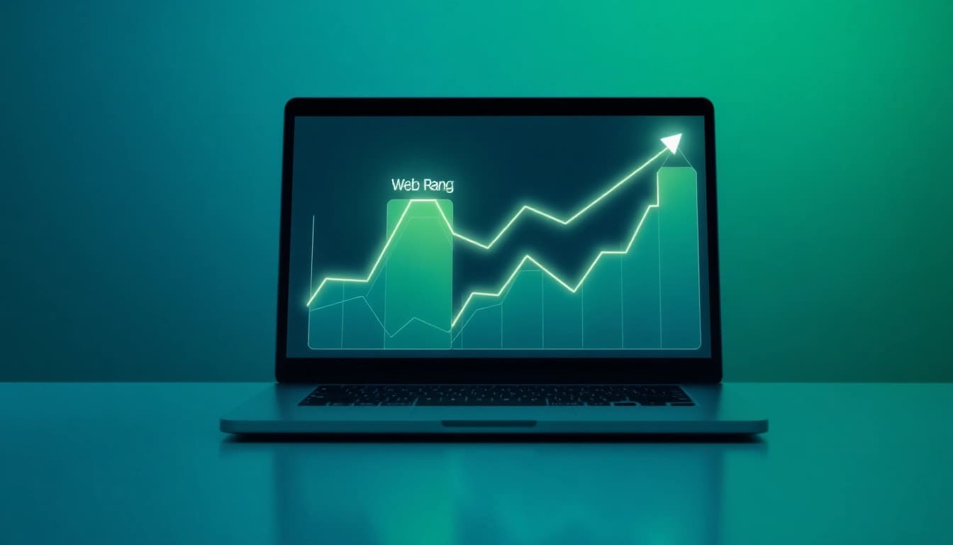Illustration von einem Laptop mit Diagrammen, die den Web-Rang erhöhen.