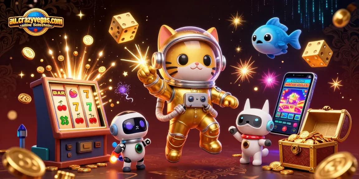 Engage with au.crazyvegas.com online blackjack through a dynamic 3D scene of a space astronaut cat, showcasing vibrant gaming elements.