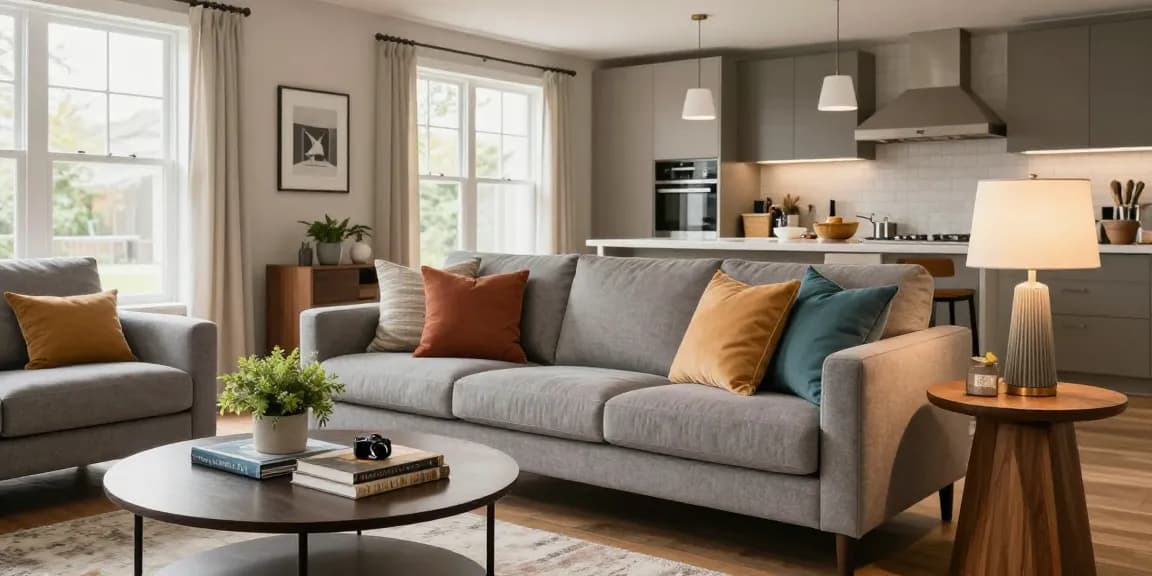 Entdecken Sie stilvolle Möbel mit Lieferung Kaufen Optionen in einem gemütlichen, modernen Wohnzimmer mit eleganter Dekoration.