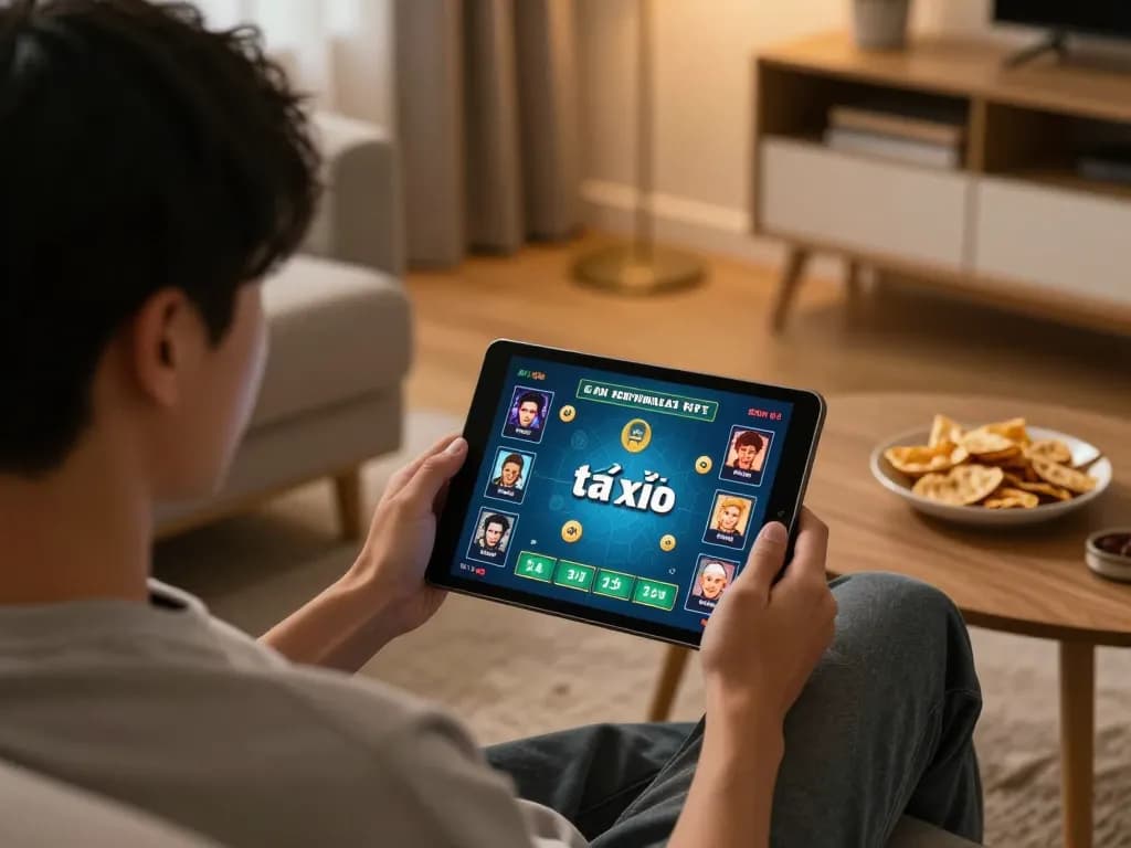 Engaging in an online game tài xỉu with a tablet in a cozy living room setting, showcasing strategic gameplay.