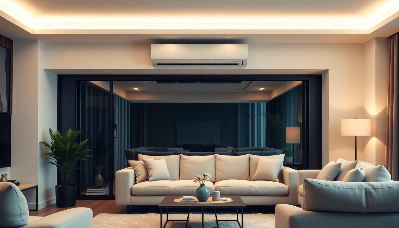 Klimaanlagen in a stylish living room showcasing an energy-efficient model with modern aesthetics.