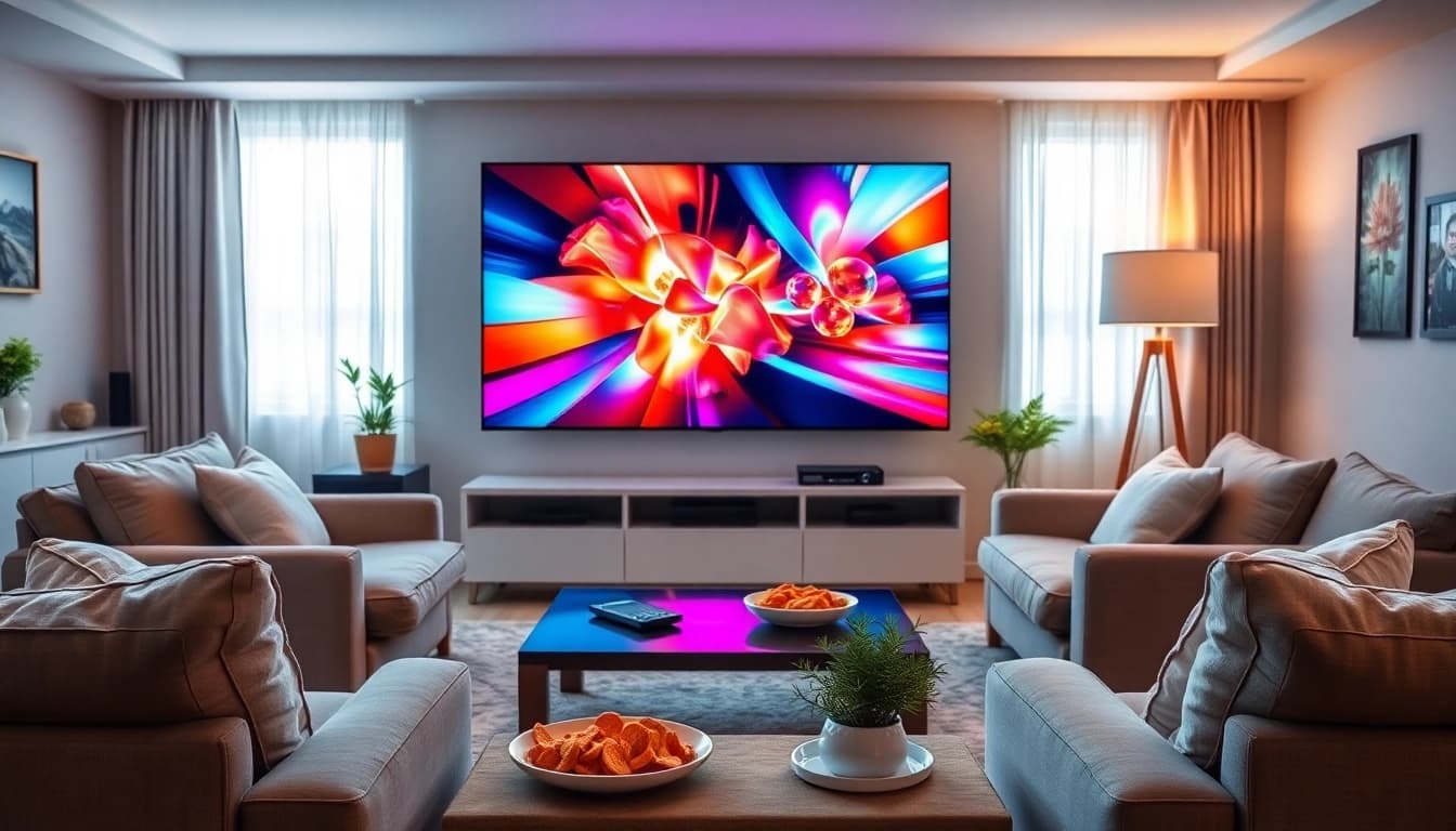 Erlebe IPTV Fernsehen über Internet in einem modernen und einladenden Wohnzimmer-Setup mit lebhaften Inhalten.