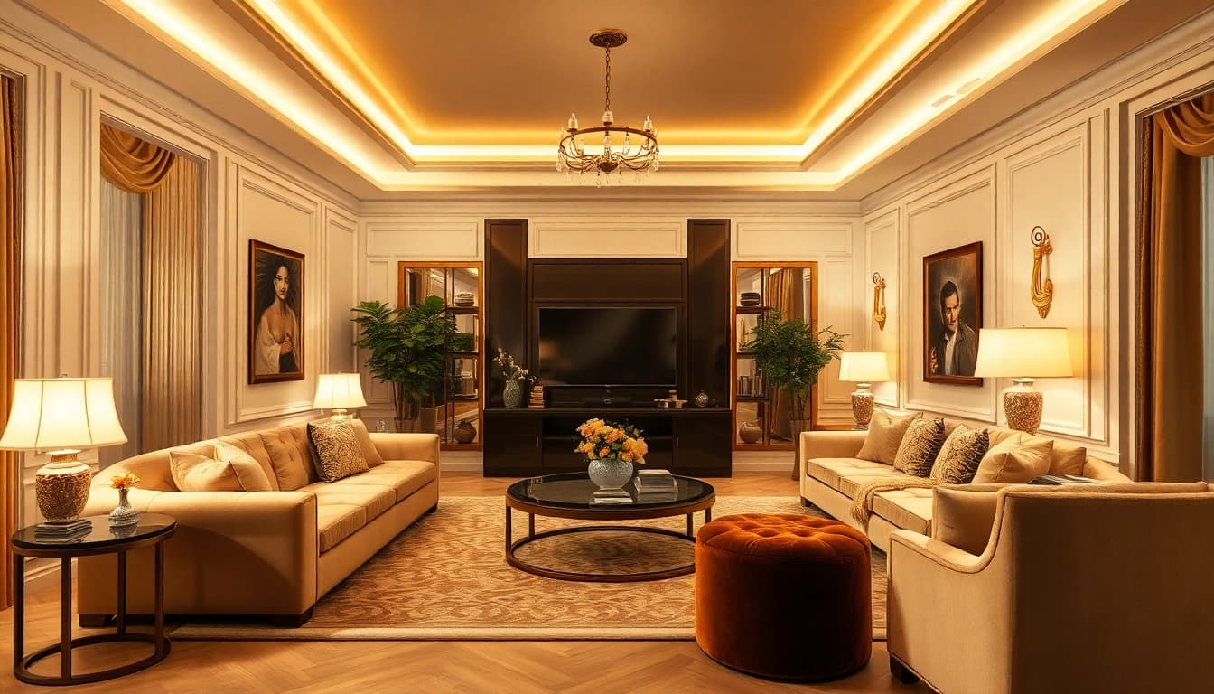 Experience luxury in a beautifully designed living room featuring elegant furniture and warm lighting.