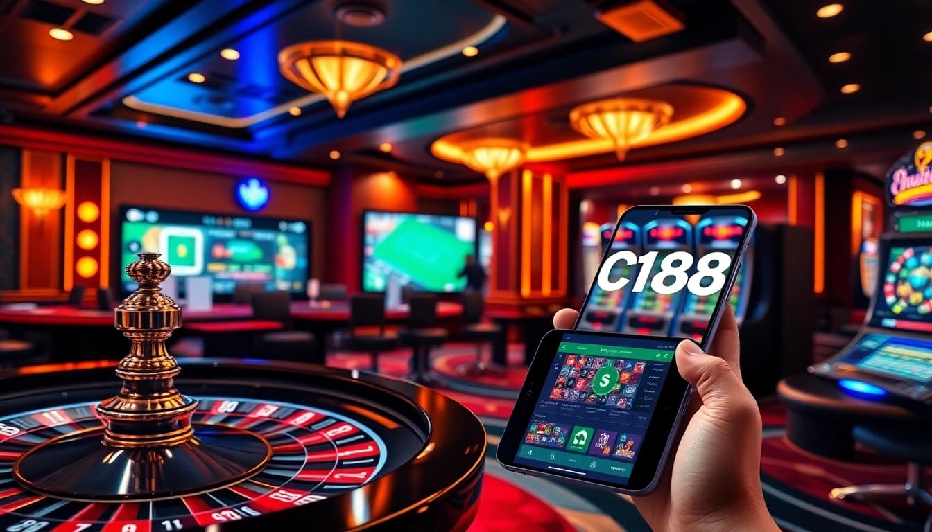 C168 online casino showcasing vibrant gaming tables, security features, and live sports betting excitement.