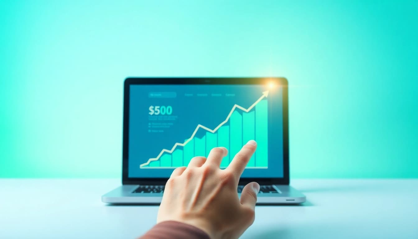 Visualisieren Sie SEO-Ranking durch eine stilisierte Website und ansteigende Ranking-Zahlen, die digitales Marketing verkörpern.