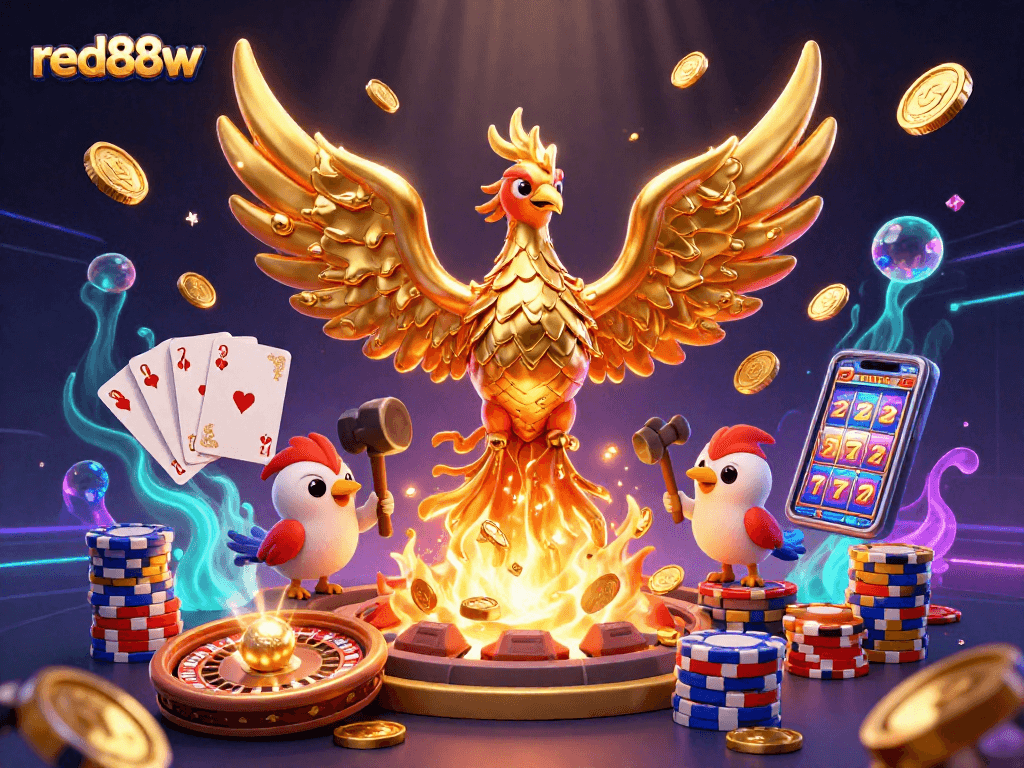 Experience the excitement of red88w's casino with a golden phoenix and dynamic gaming elements.