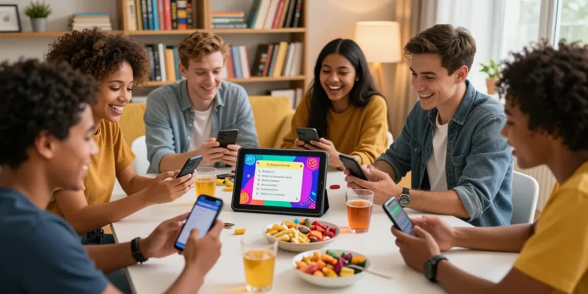 Freundliche Gruppe in einem gemütlichen Raum beim Quiz Allgemeinwissen, mit Spaß und Snacks.