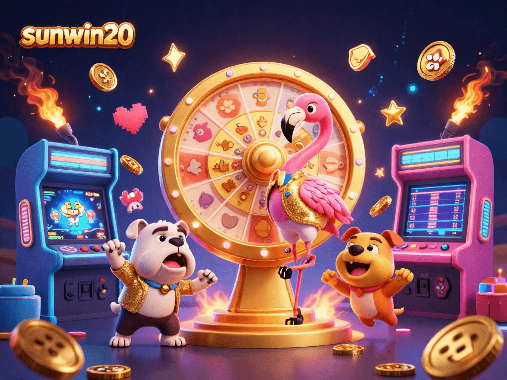 Engaging scene featuring sunwin20's exciting casino experience with a host, contestant, and vibrant game machines.