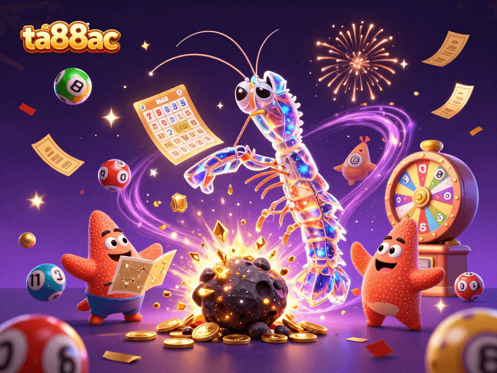 Join the fun at ta88ac with colorful lottery elements and vibrant casino characters!