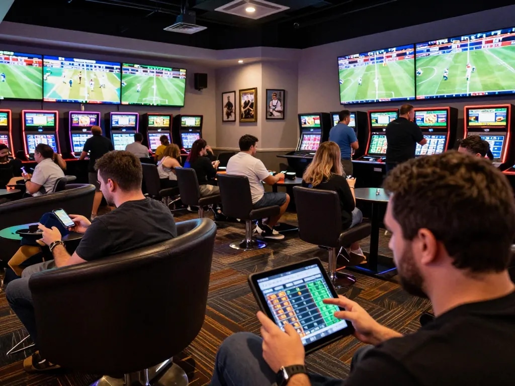 Gambling enthusiasts engaging in real-time betting activities on keonhacaii at a lively sports lounge.