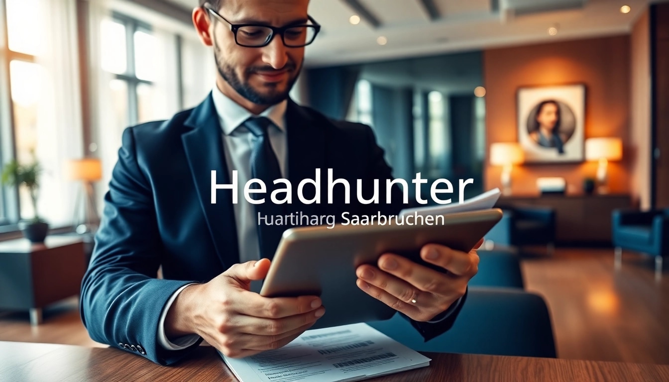 Headhunter Saarbrücken reviewing candidate profiles in a modern office setting.