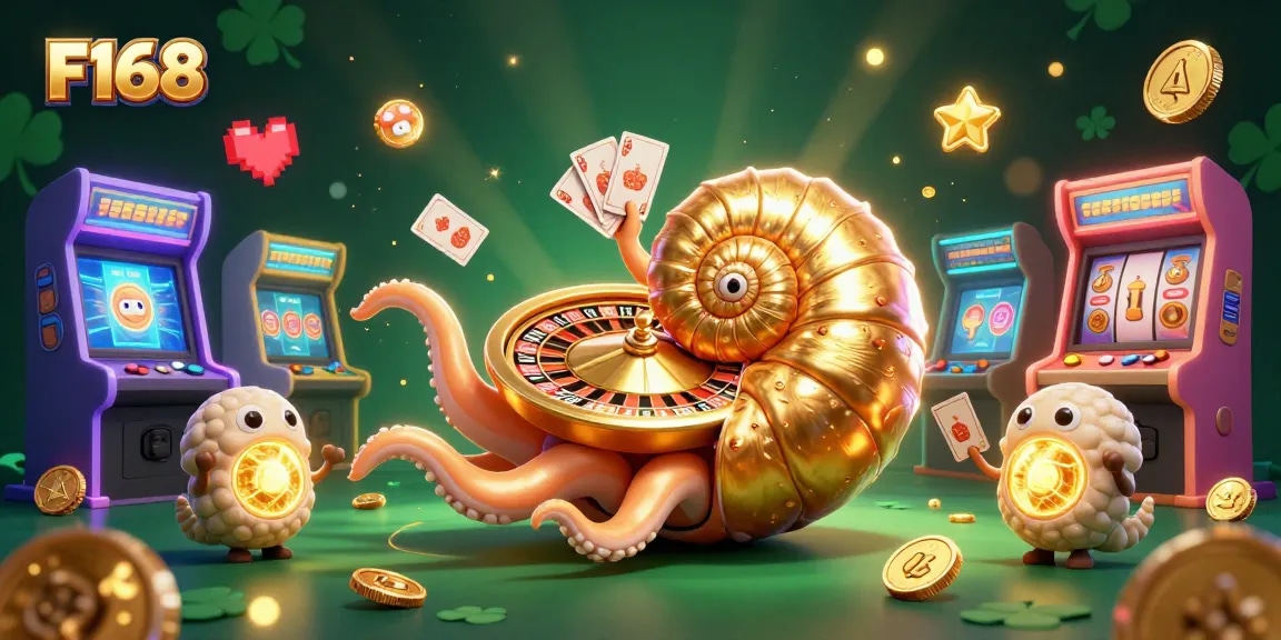 Engage with the dynamic F168 gambling experience featuring a giant nautilus roulette wielding cards amidst vibrant casino elements.