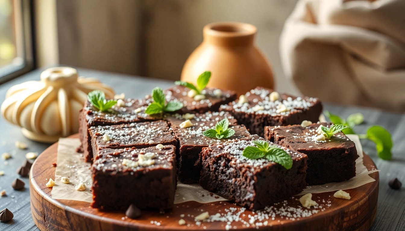 Backofresh gebackene Daga Brownies mit geschmolzener Schokolade und frischer Minze dekoriert.