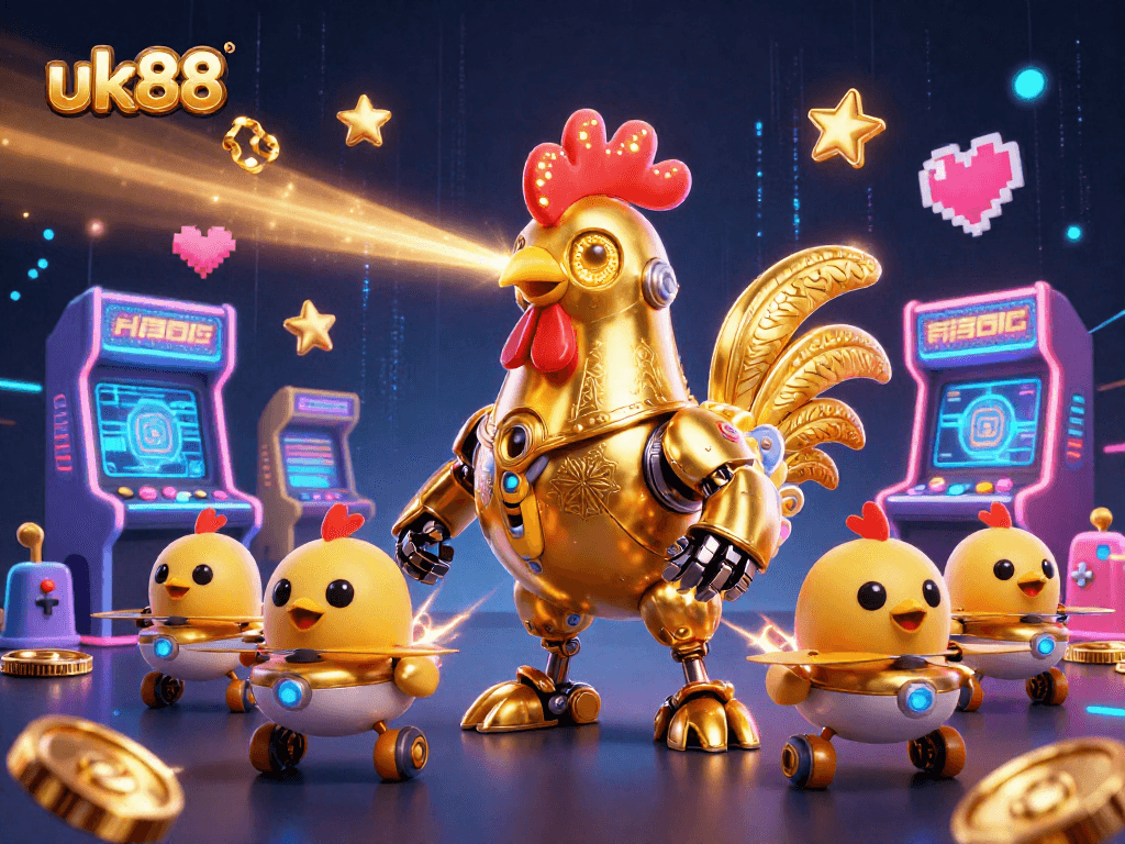 Engage with the thrilling atmosphere of uk88, featuring a golden rooster robot and chick drones in an electrifying casino scene.
