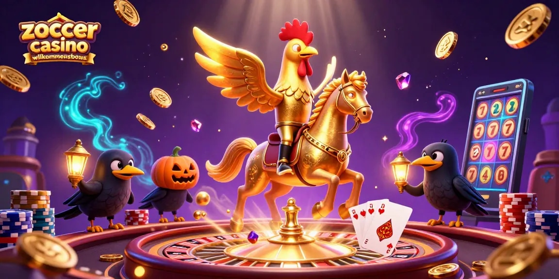 Experience the excitement of the zoccer casino willkommensbonus with golden rooster characters in a vibrant casino scene.