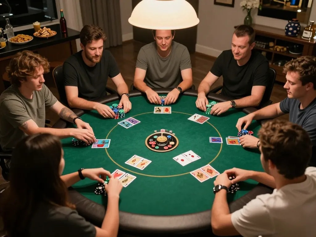 Friends enjoying a poker game night at home, showcasing engaging gameplay and camaraderie with mb668.