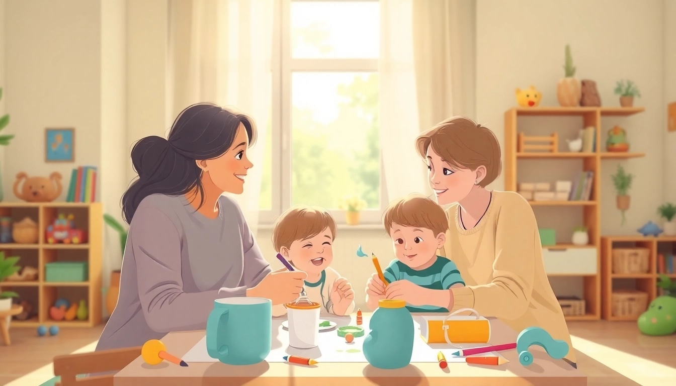 Kindererziehung in einem liebevollen Umfeld: Ein Elternteil spielt mit seinem Kind in hellen, freundlichen Farben, die eine positive Atmosphäre schaffen.