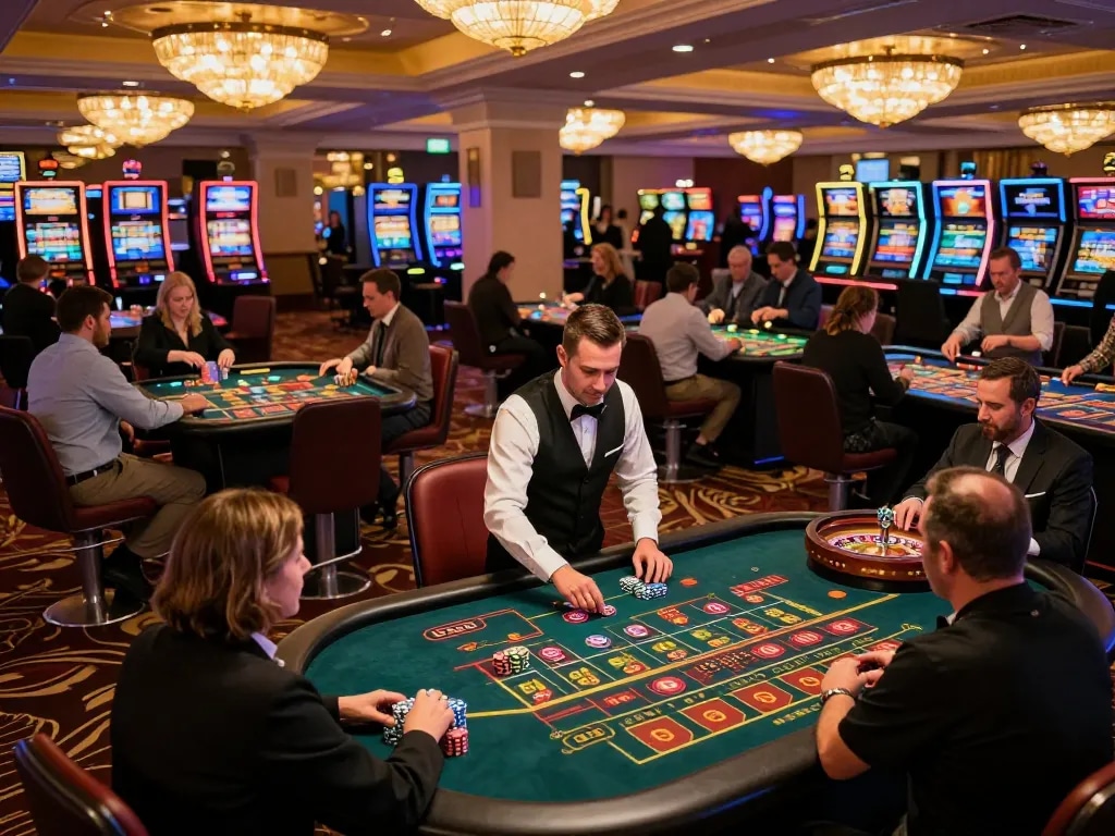 Betting excitement at https://bl555.agency/ with players engaged at roulette tables in a vibrant casino.