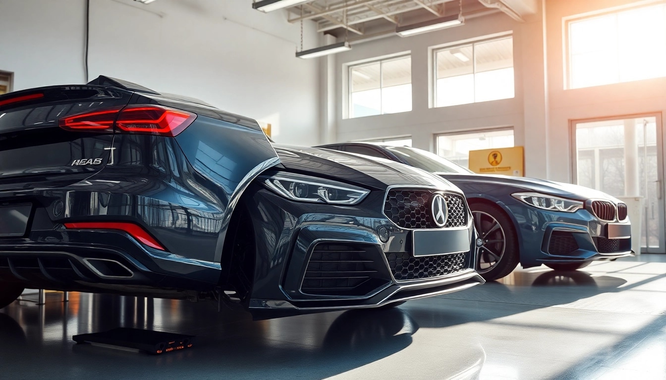 Hochglänzendes Auto in der Garage mit Autopflege Produkten für optimale Pflege.