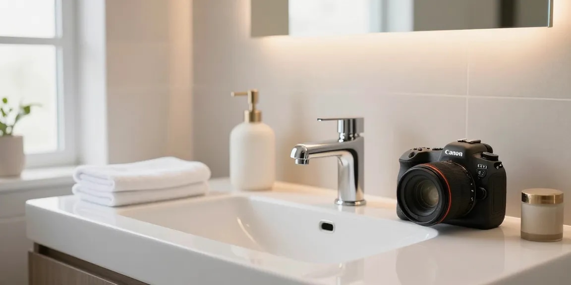 Chique badkamer met een moderne afvoerplug en elegante accessoires die een stijlvolle sfeer creëren.